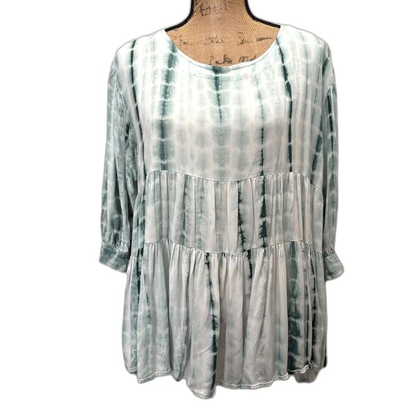 Entro Tiered Babydoll Top Teal Green White Tie Dye Rayon Bohemian Size Large - Picture 1 of 4